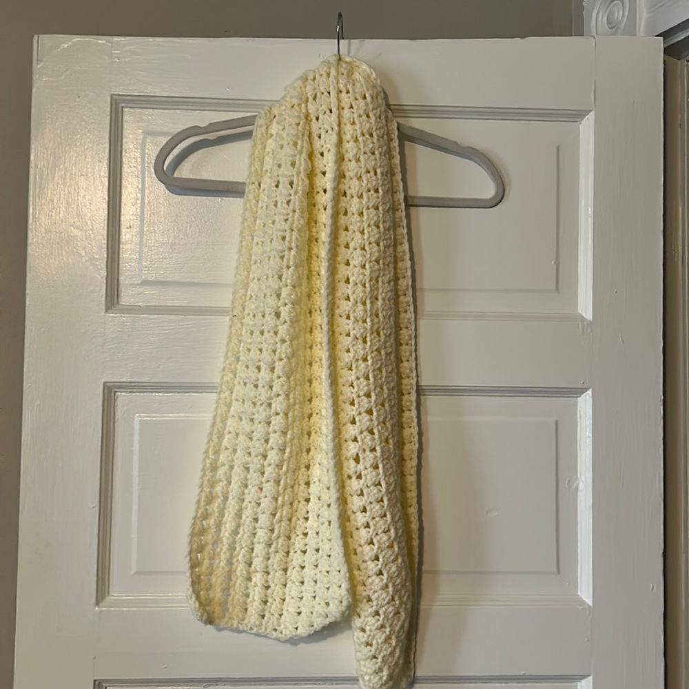 Handmade off white crochet scarf.